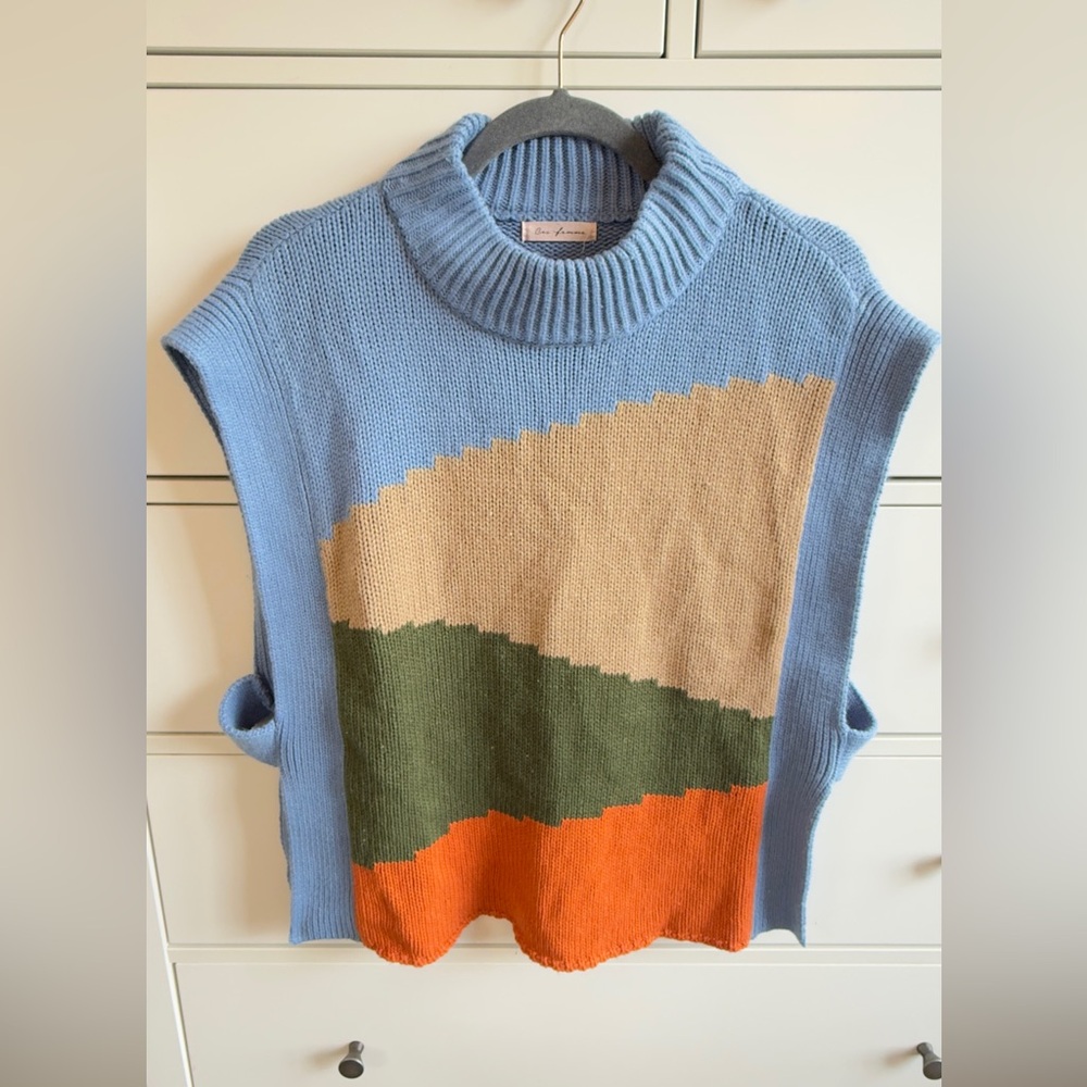 Colorblock Turtleneck Sweater Vest Blue Tan Green Orange